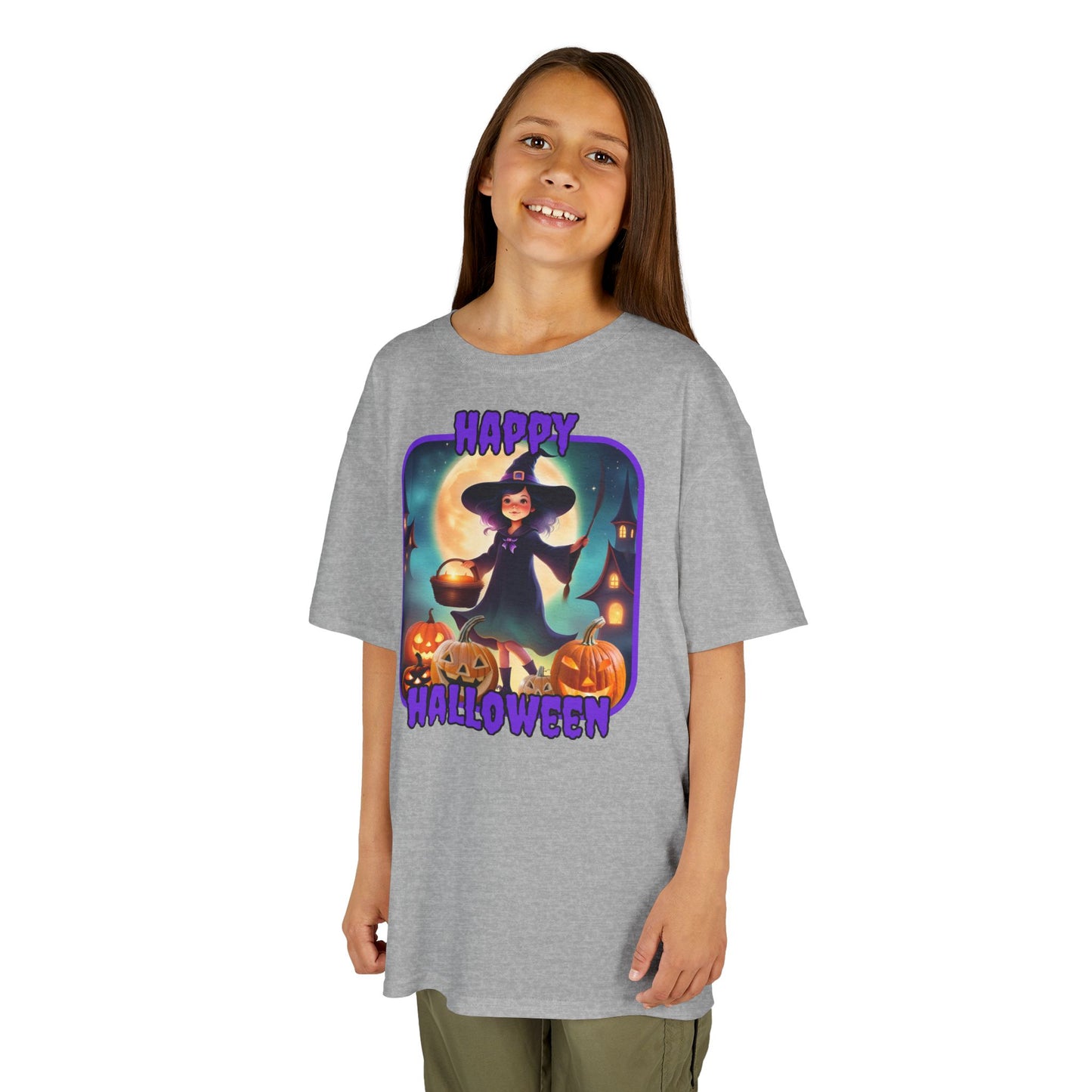 Happy Halloween Little Witch Purple font Kids Heavy Cotton™ Tee by CreepyCrafts.boo