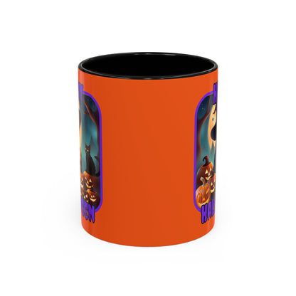 Happy Halloween Cute Witch Purple font Orange Accent Mug by CreepyCrafts.boo