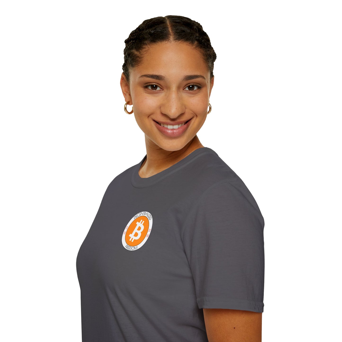2-sided, Bitcoin (BTC) Decentralized Freedom DKcolors Unisex T-Shirt by cypherpunkgear.com