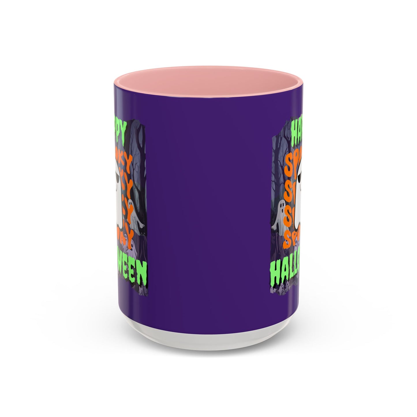 Spooky Happy Halloween Ghost Green font Purple Accent Mug by CreepyCrafts.boo
