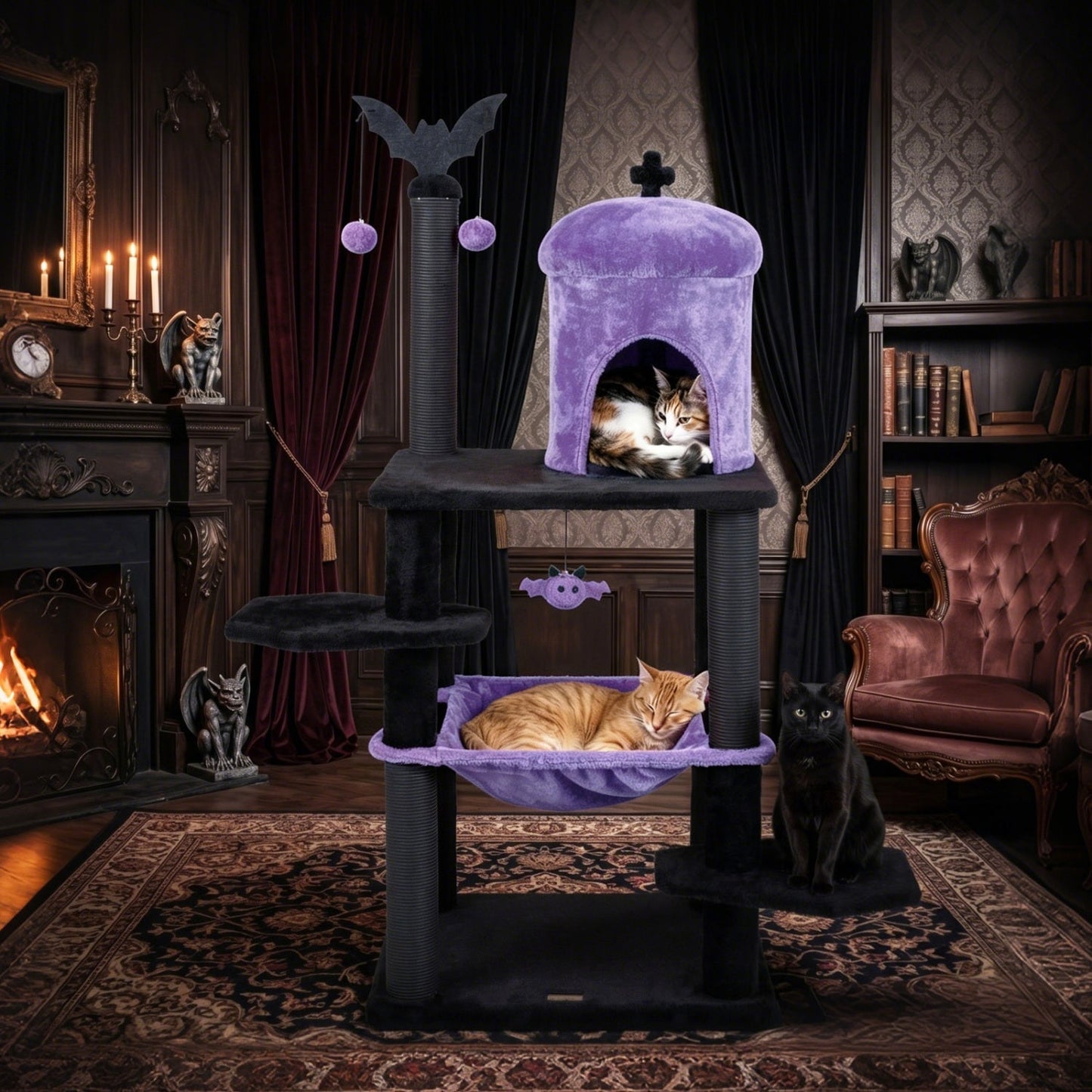51" Gothic Multi-Level Cat Tree with Spider Toy & Hammock