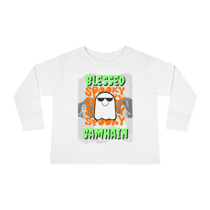 Spooky Blessed Samhain Ghost Green font Toddler Long Sleeve Tee by CreepyCrafts.boo