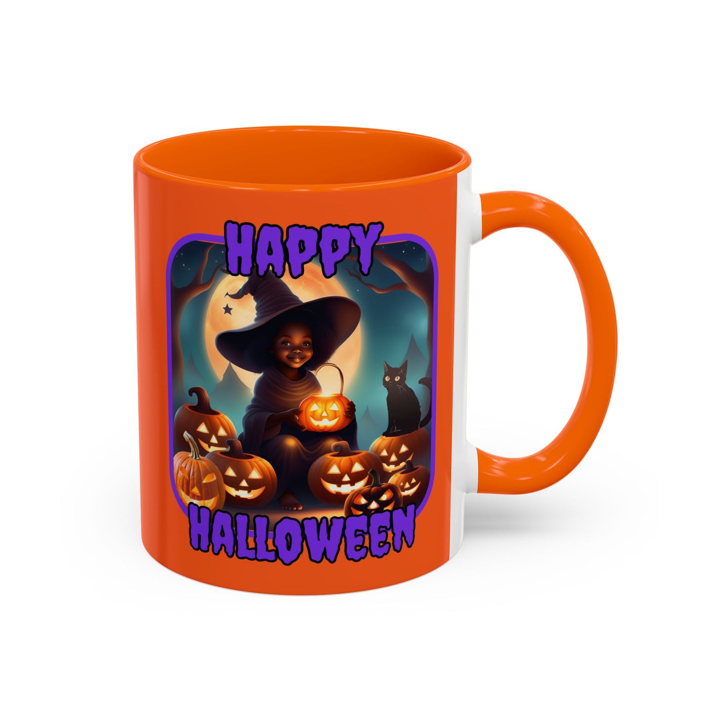 Happy Halloween Cute Witch Purple font Orange Accent Mug by CreepyCrafts.boo