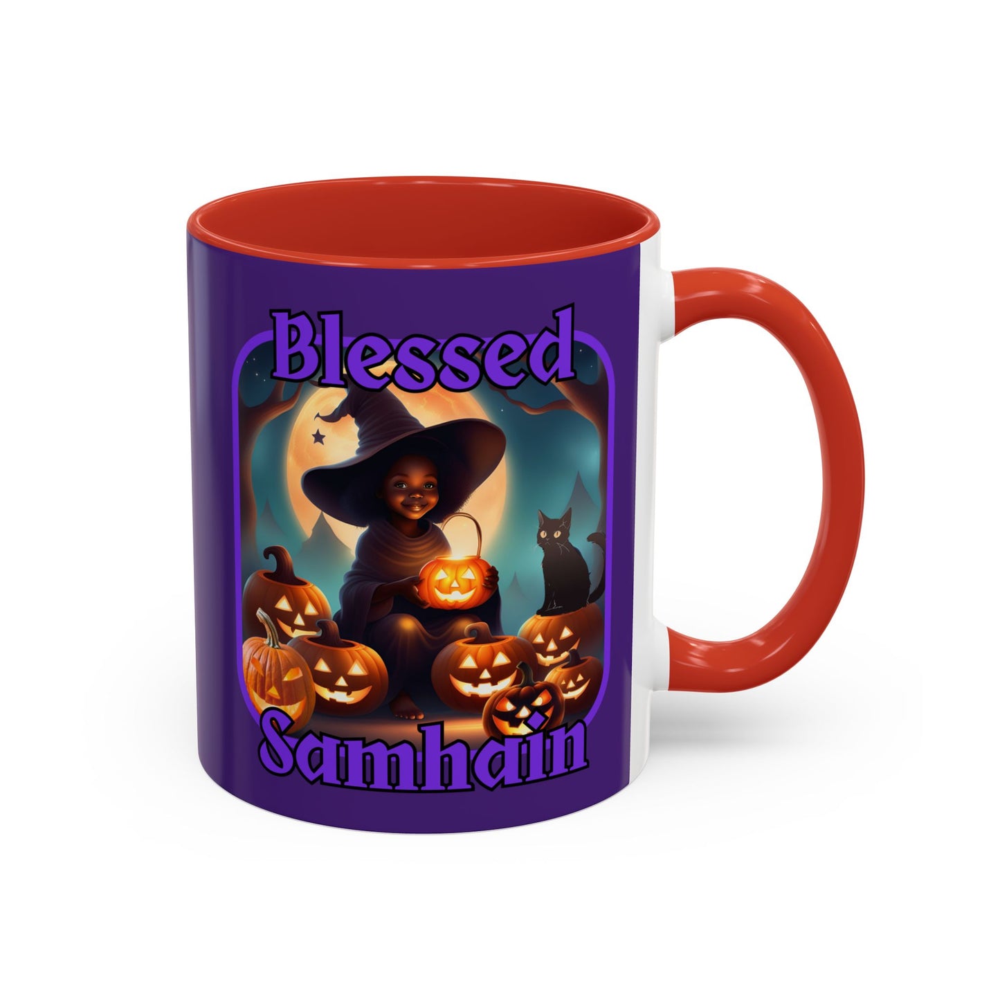 Blessed Samhain Cute Witch Purple font Purple Accent Mug by CreepyCrafts.boo