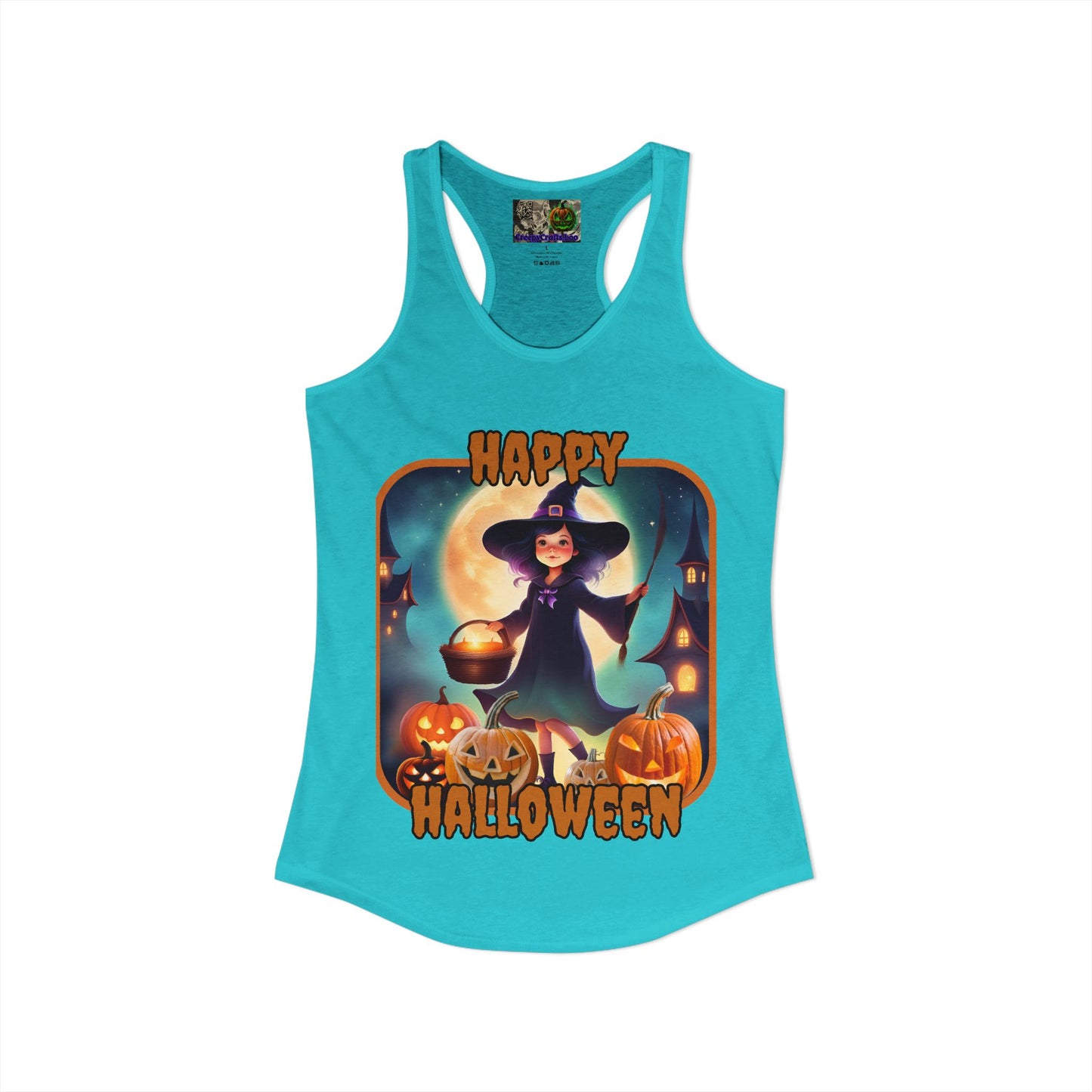 Happy Halloween Little Witch Orange font Women's Racerback Tank Top by CreepyCrafts.boo