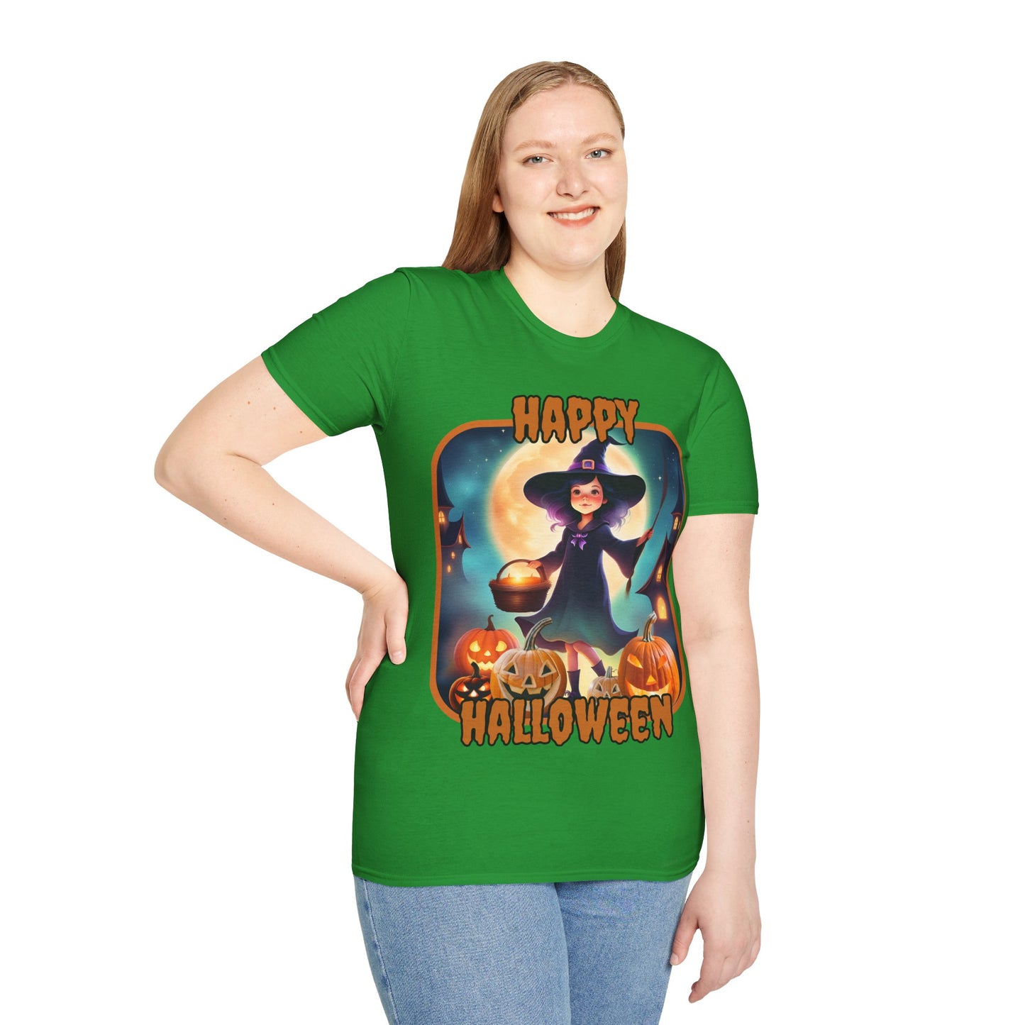 Happy Halloween Little Witch Orange font, Dark colors, Unisex T-Shirt by CreepyCrafts.boo