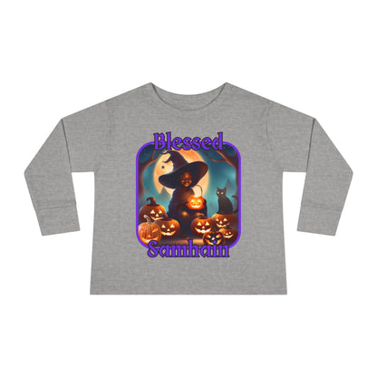 Blessed Samhain Cute Witch Purple font Toddler Long Sleeve Tee by CreepyCrafts.boo