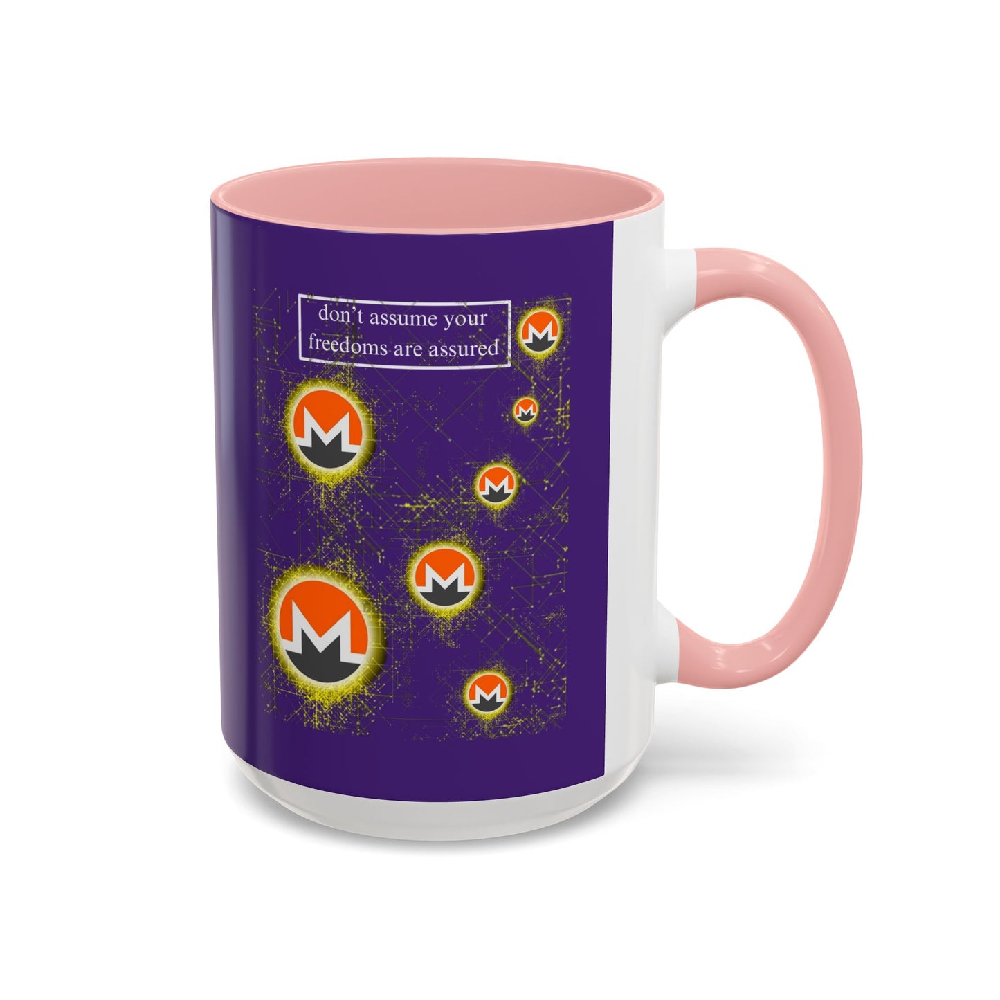Monero (XMR) don't assume your freedoms are assured Purple Accent Mug by cypherpunkgear.com