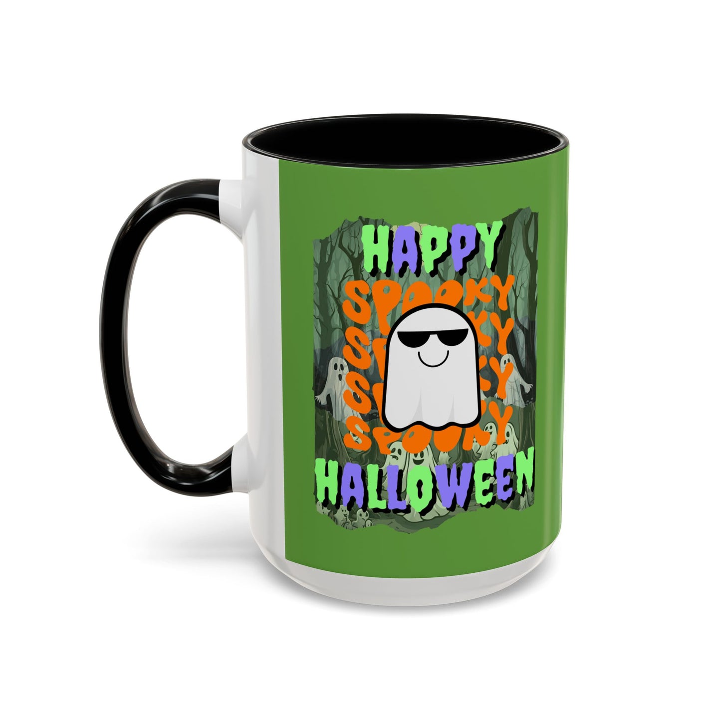 Spooky Happy Halloween Ghost Mixed font Green Accent Mug by CreepyCrafts.boo