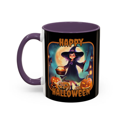 Happy Halloween Little Witch Orange font Black Accent Mug by CreepyCrafts.boo