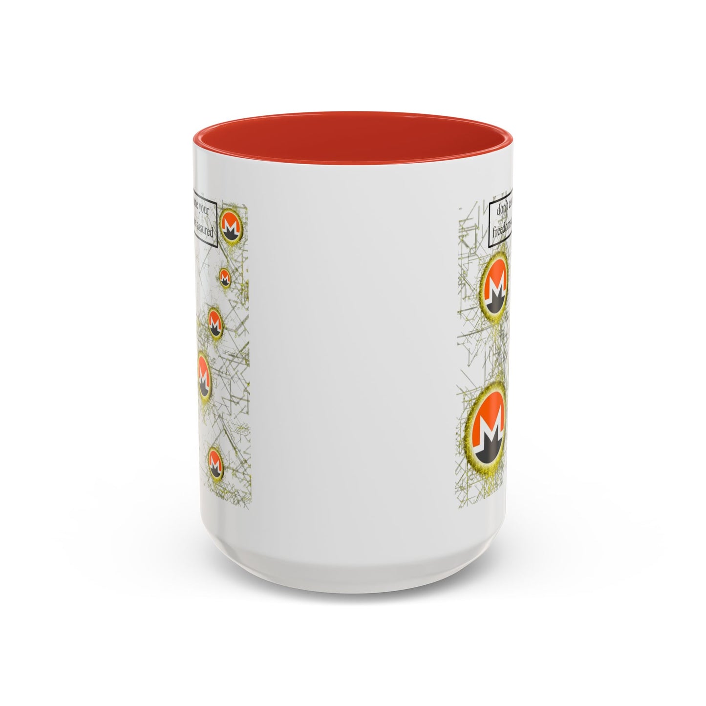 Monero (XMR) don't assume your freedoms are assured White Accent Mug by cypherpunkgear.com