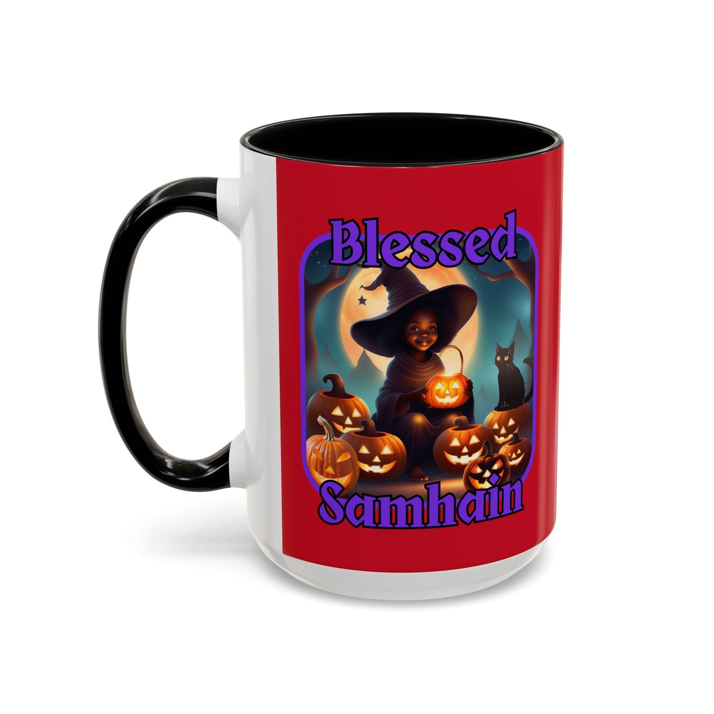 Blessed Samhain Cute Witch Purple font Red Accent Mug by CreepyCrafts.boo