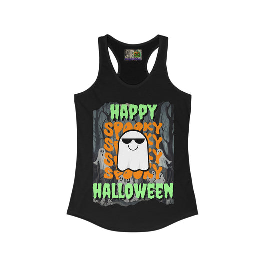 Spooky Happy Halloween Ghost Green font Women's Racerback Tank Top by CreepyCrafts.boo