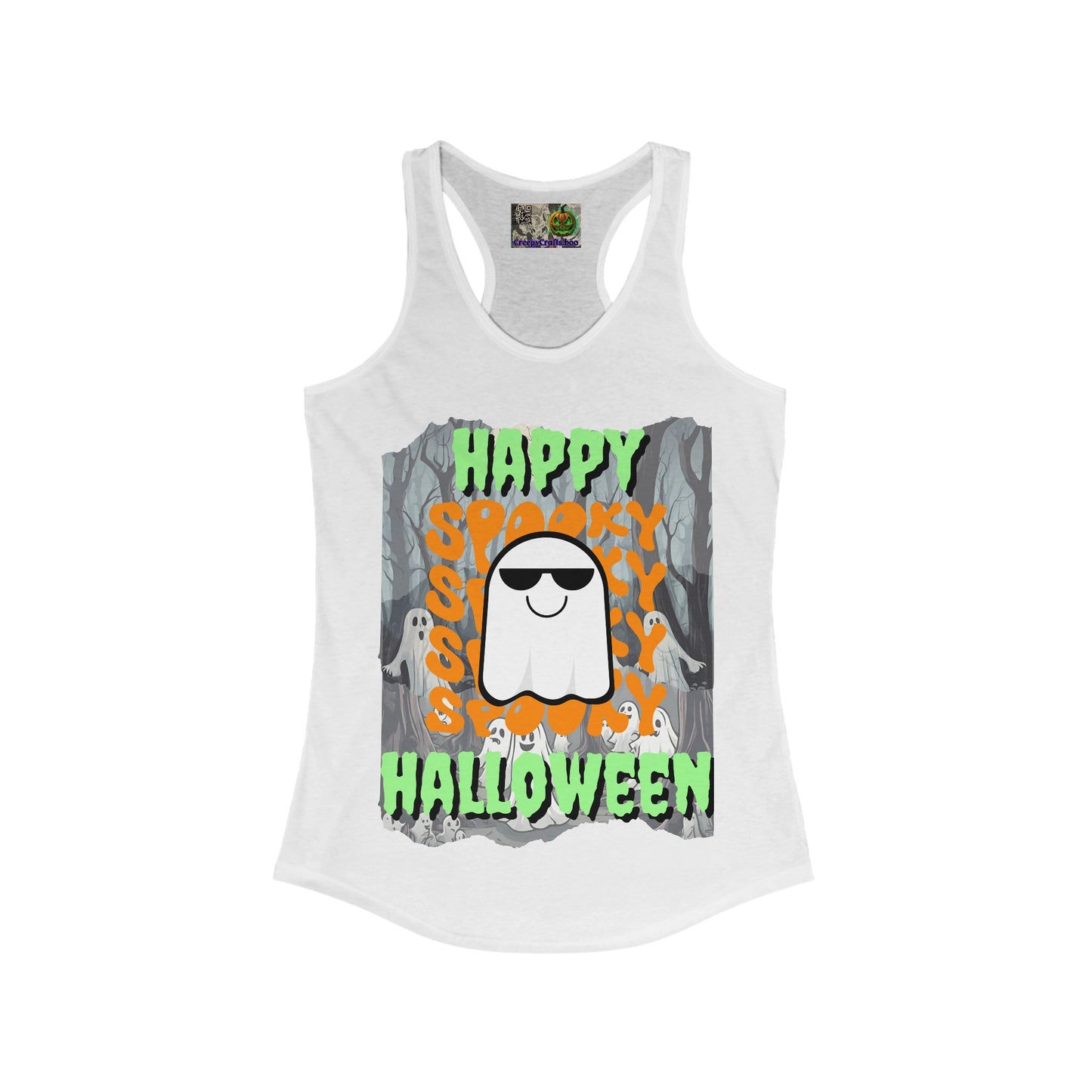 Spooky Happy Halloween Ghost Green font Women's Racerback Tank Top by CreepyCrafts.boo