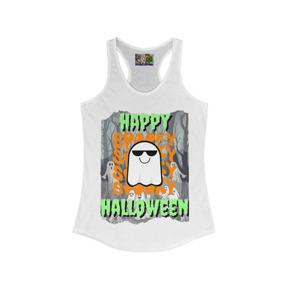 Spooky Happy Halloween Ghost Green font Women's Racerback Tank Top by CreepyCrafts.boo