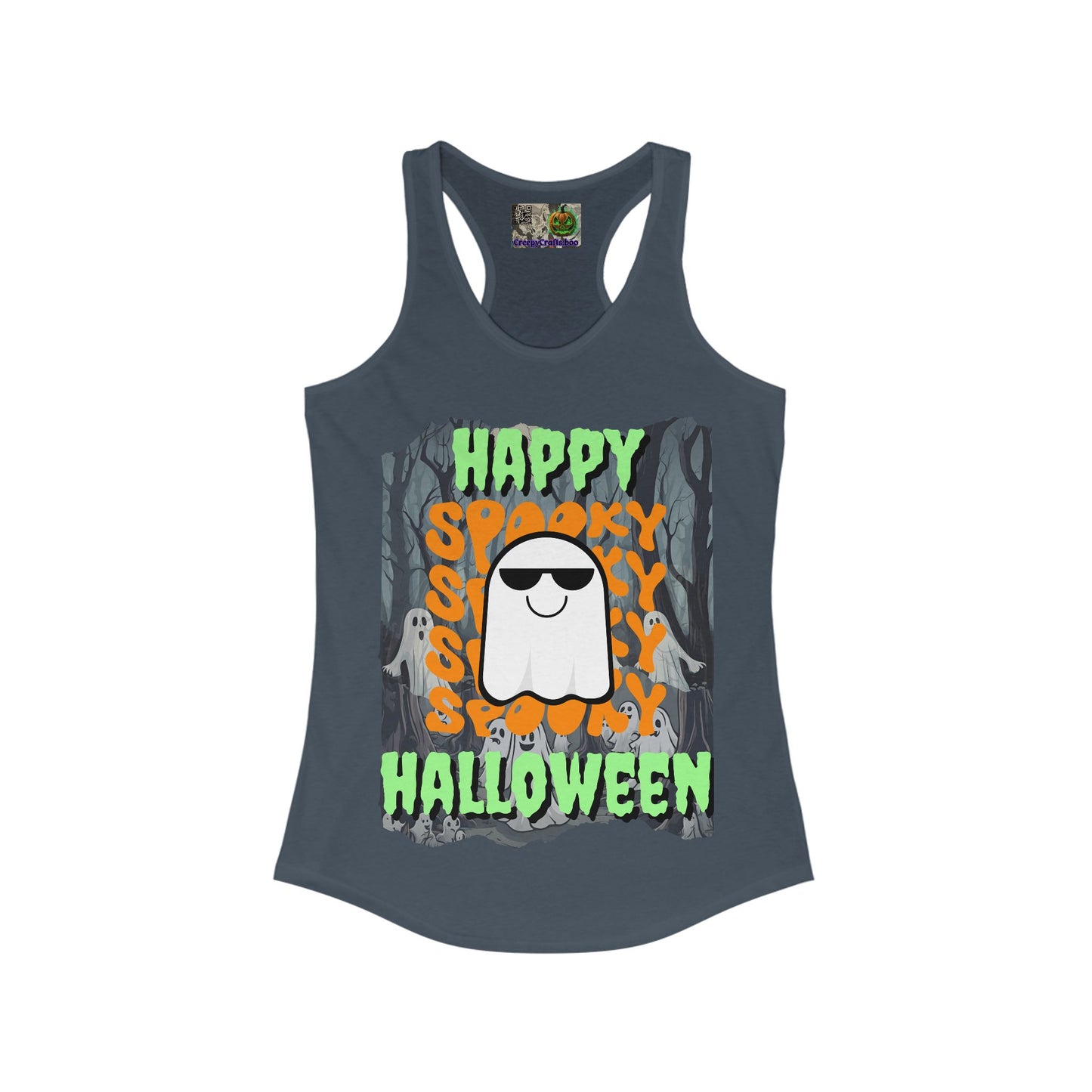 Spooky Happy Halloween Ghost Green font Women's Racerback Tank Top by CreepyCrafts.boo