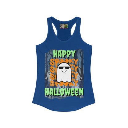 Spooky Happy Halloween Ghost Green font Women's Racerback Tank Top by CreepyCrafts.boo