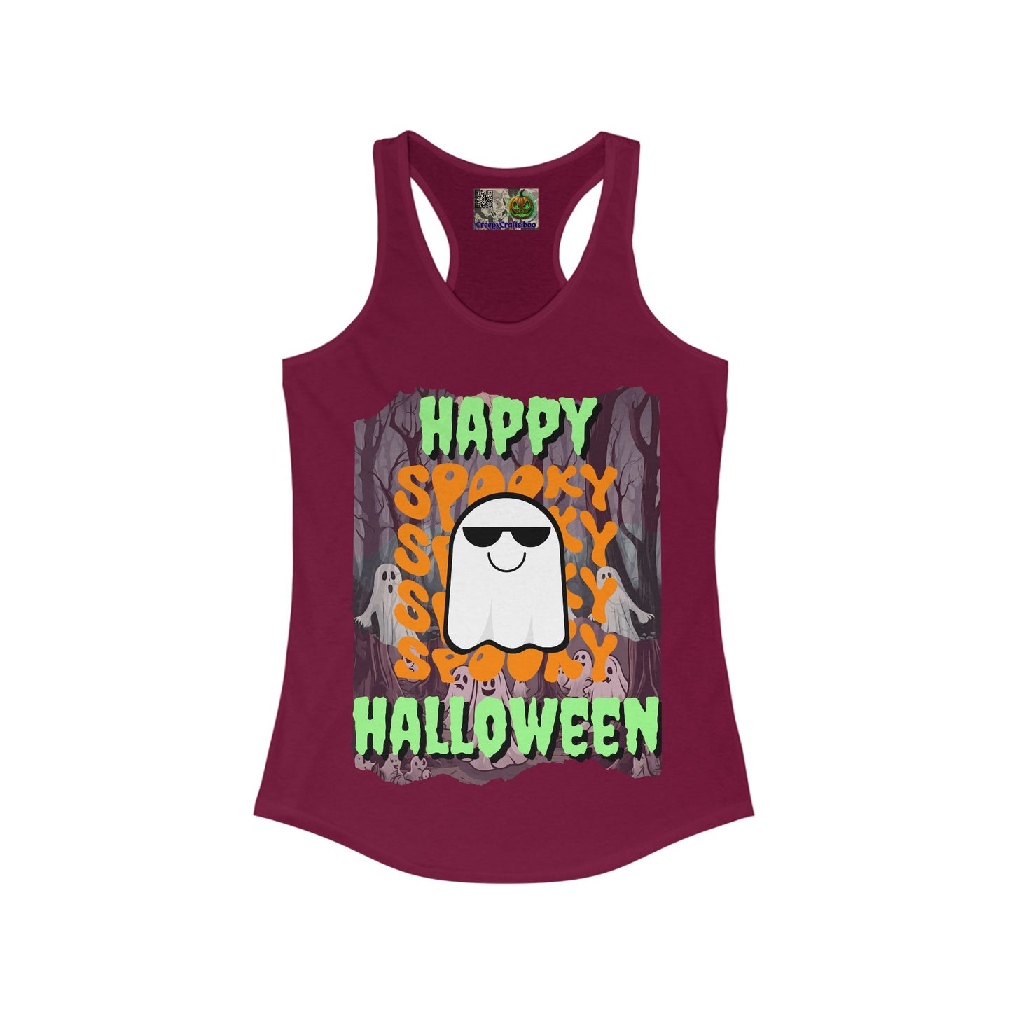 Spooky Happy Halloween Ghost Green font Women's Racerback Tank Top by CreepyCrafts.boo