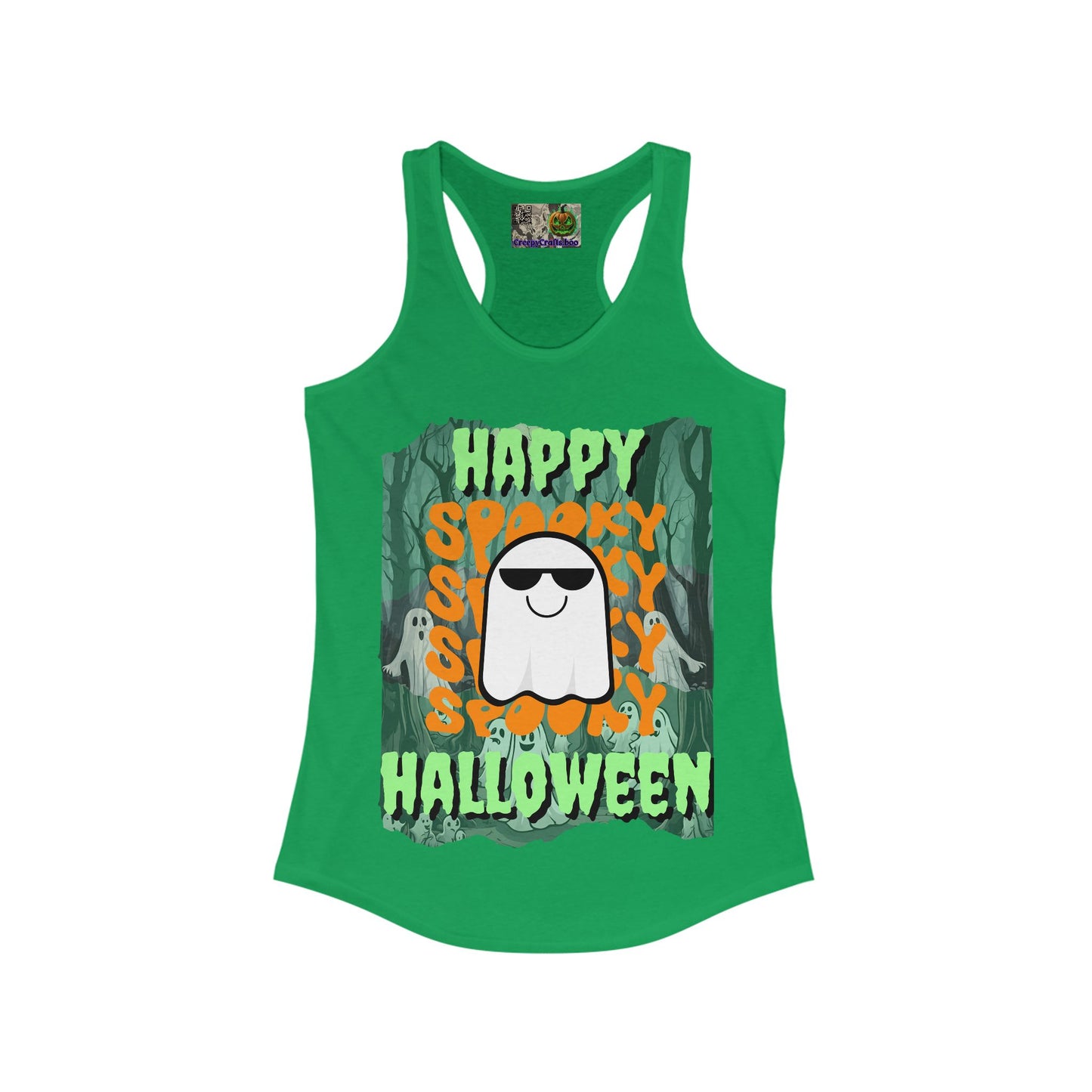 Spooky Happy Halloween Ghost Green font Women's Racerback Tank Top by CreepyCrafts.boo