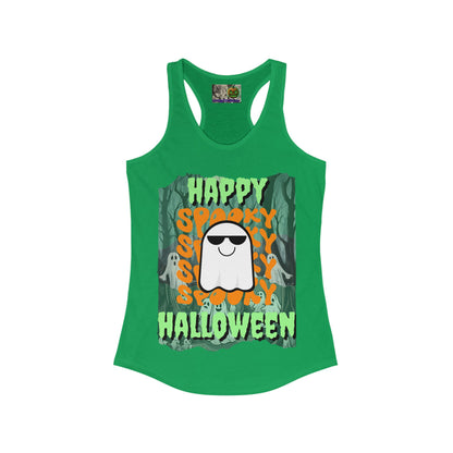 Spooky Happy Halloween Ghost Green font Women's Racerback Tank Top by CreepyCrafts.boo
