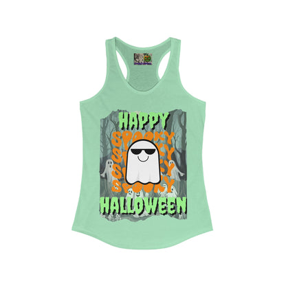 Spooky Happy Halloween Ghost Green font Women's Racerback Tank Top by CreepyCrafts.boo