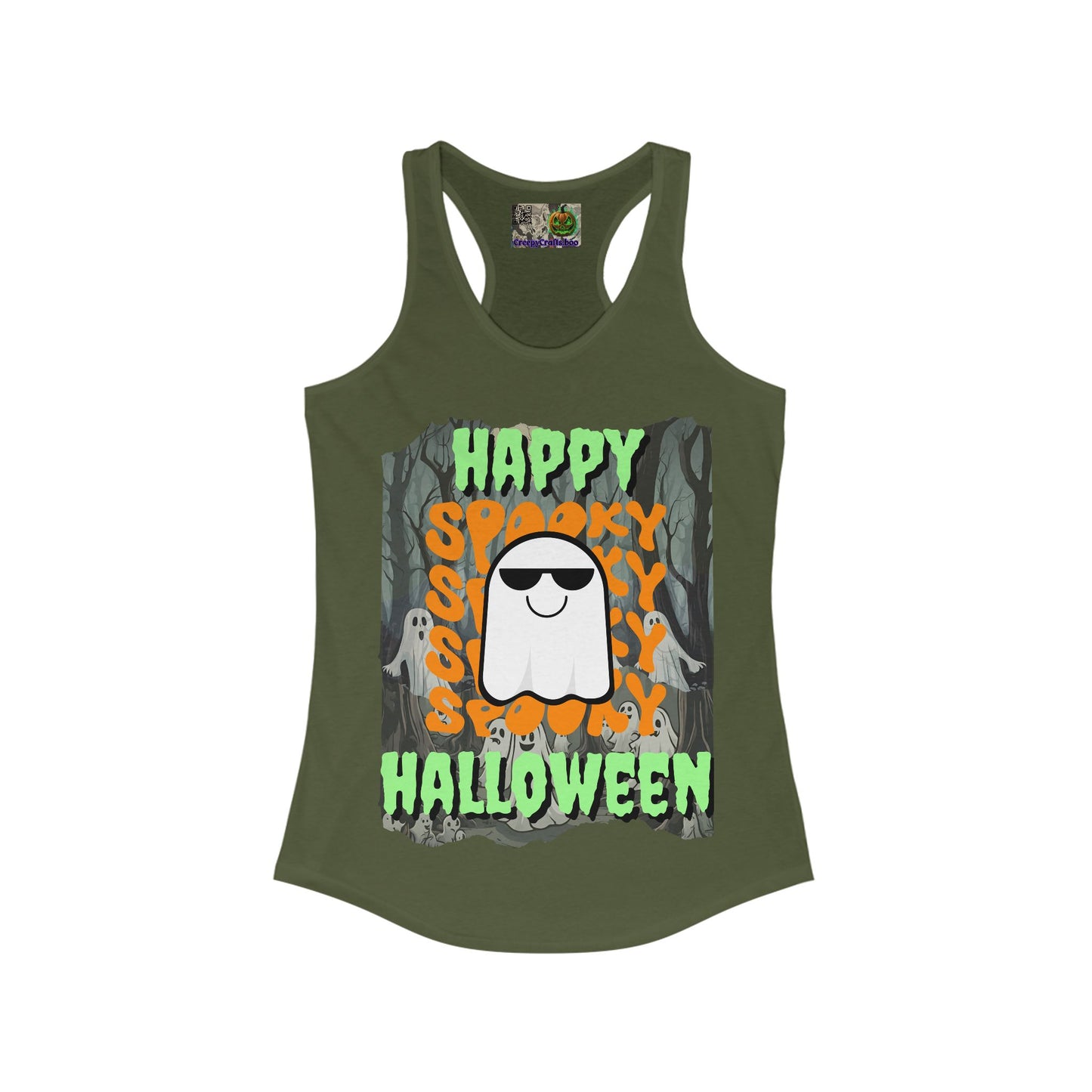 Spooky Happy Halloween Ghost Green font Women's Racerback Tank Top by CreepyCrafts.boo