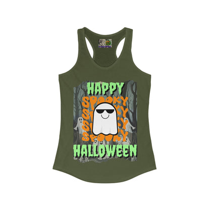 Spooky Happy Halloween Ghost Green font Women's Racerback Tank Top by CreepyCrafts.boo