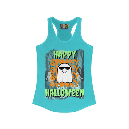 Spooky Happy Halloween Ghost Green font Women's Racerback Tank Top by CreepyCrafts.boo