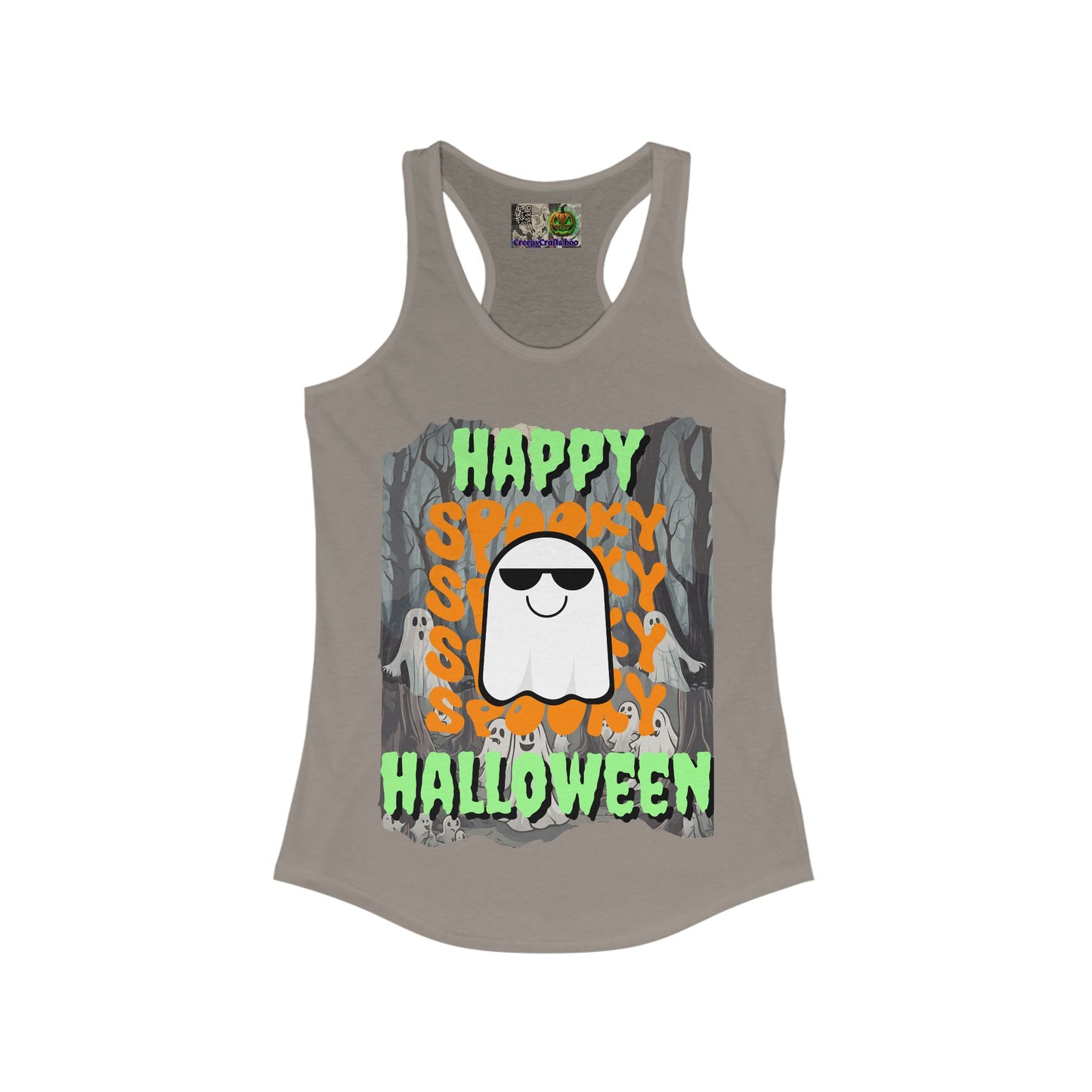 Spooky Happy Halloween Ghost Green font Women's Racerback Tank Top by CreepyCrafts.boo