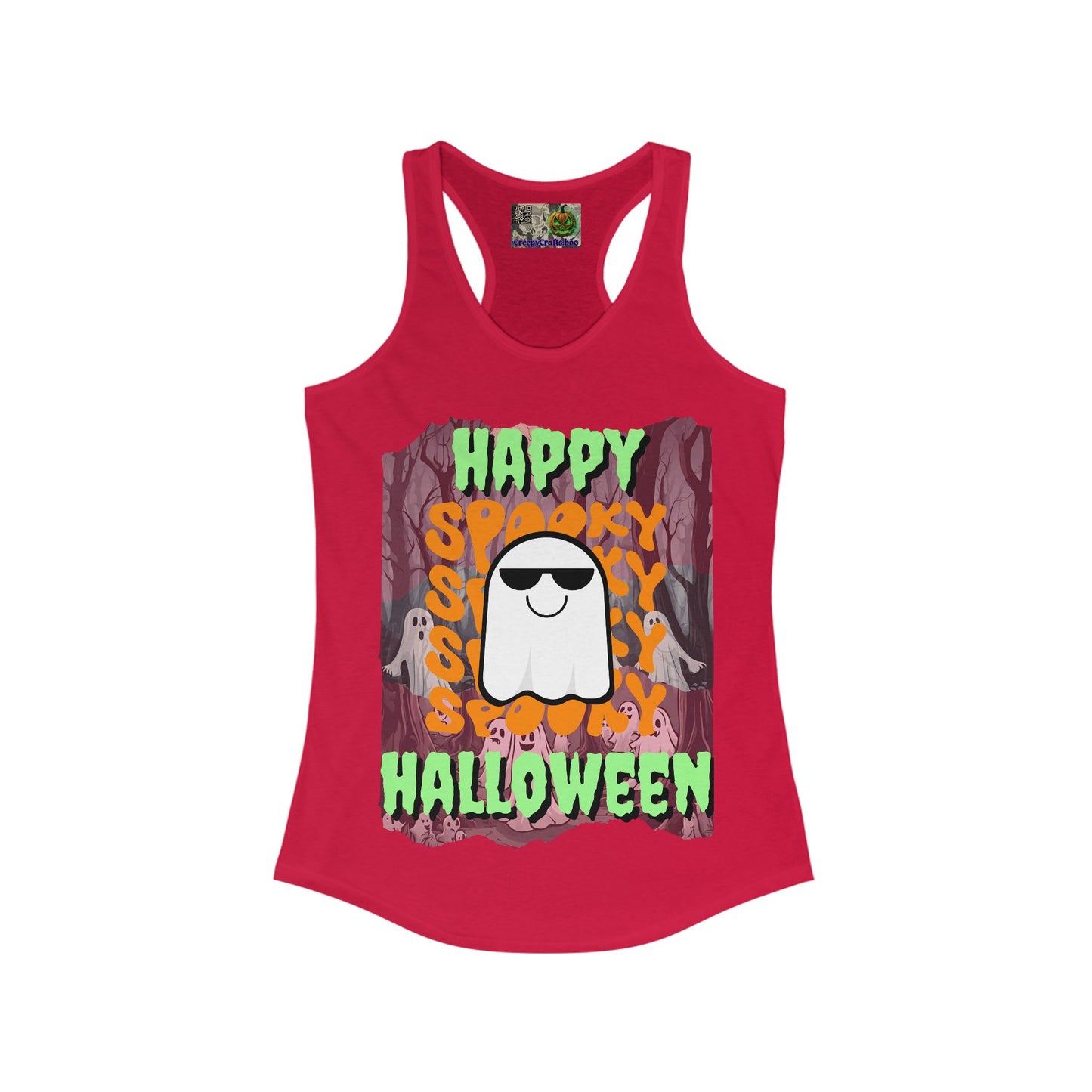 Spooky Happy Halloween Ghost Green font Women's Racerback Tank Top by CreepyCrafts.boo