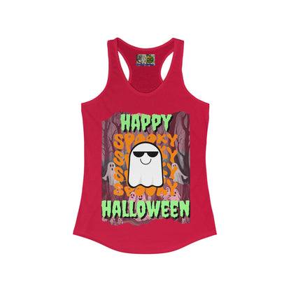Spooky Happy Halloween Ghost Green font Women's Racerback Tank Top by CreepyCrafts.boo