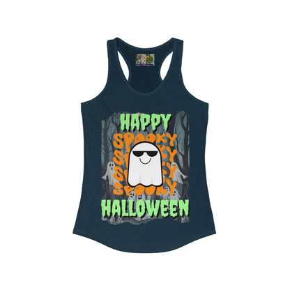 Spooky Happy Halloween Ghost Green font Women's Racerback Tank Top by CreepyCrafts.boo