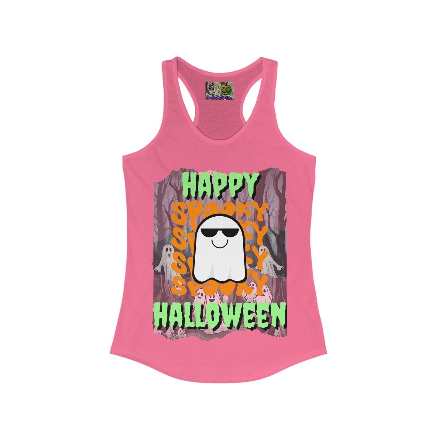 Spooky Happy Halloween Ghost Green font Women's Racerback Tank Top by CreepyCrafts.boo