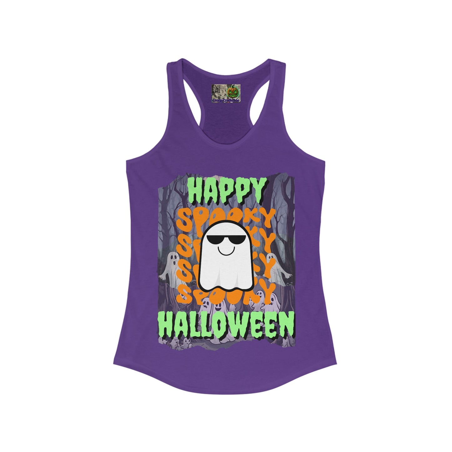Spooky Happy Halloween Ghost Green font Women's Racerback Tank Top by CreepyCrafts.boo