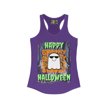 Spooky Happy Halloween Ghost Green font Women's Racerback Tank Top by CreepyCrafts.boo