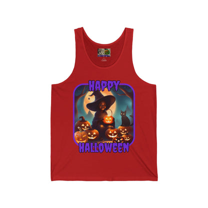 Happy Halloween Cute Witch Purple font Unisex Jersey Tank Top by CreepyCrafts.boo