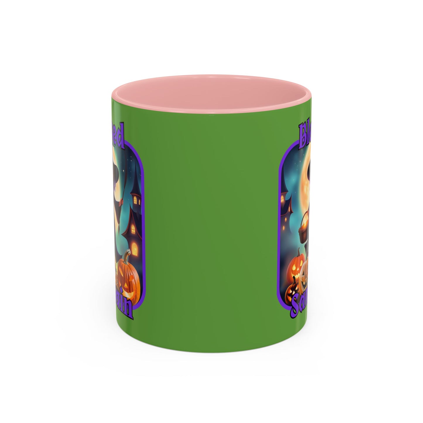 Blessed Samhain Little Witch Purple font Green Accent Mug by CreepyCrafts.boo