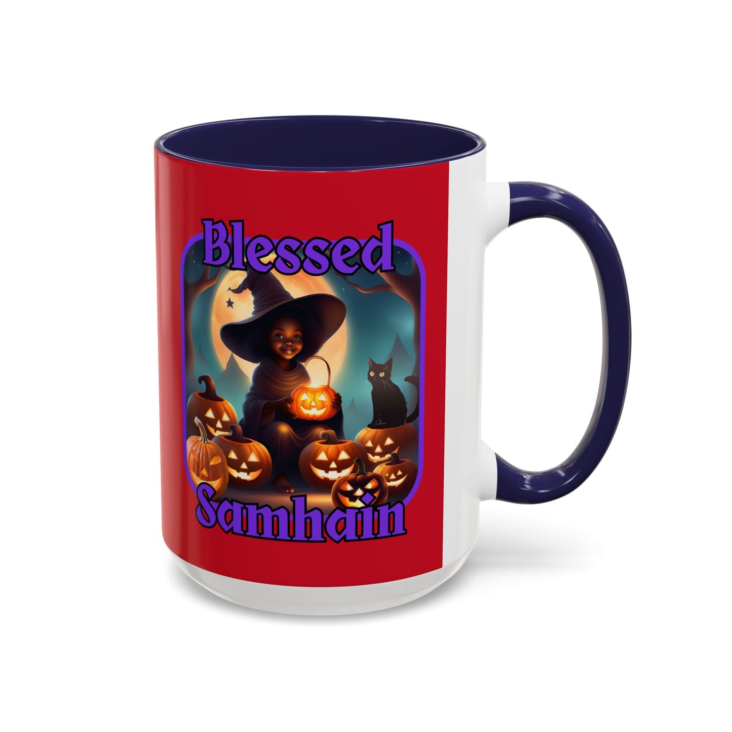 Blessed Samhain Cute Witch Purple font Red Accent Mug by CreepyCrafts.boo