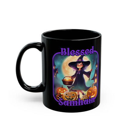 Blessed Samhain Little Witch Purple font Black Mug by CreepyCrafts.boo