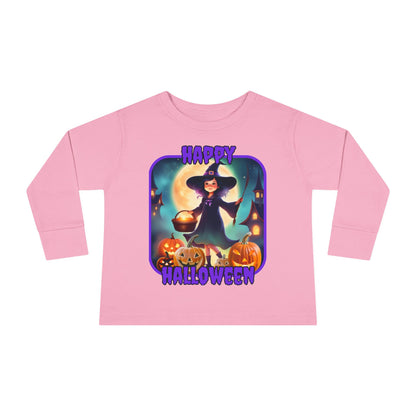 Happy Halloween Little Witch Purple font Toddler Long Sleeve Tee by CreepyCrafts.boo