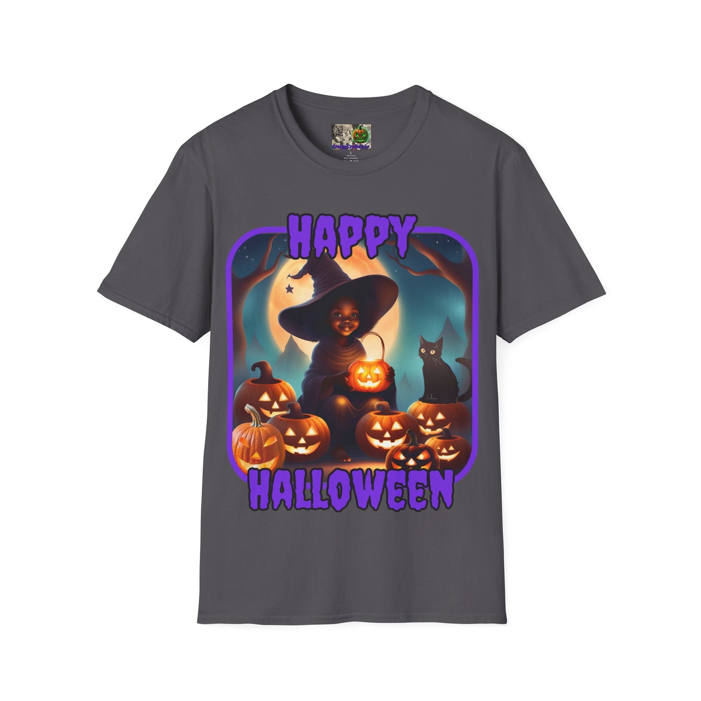 Happy Halloween Cute Witch Purple font Dark colors Unisex T-Shirt by CreepyCrafts.boo
