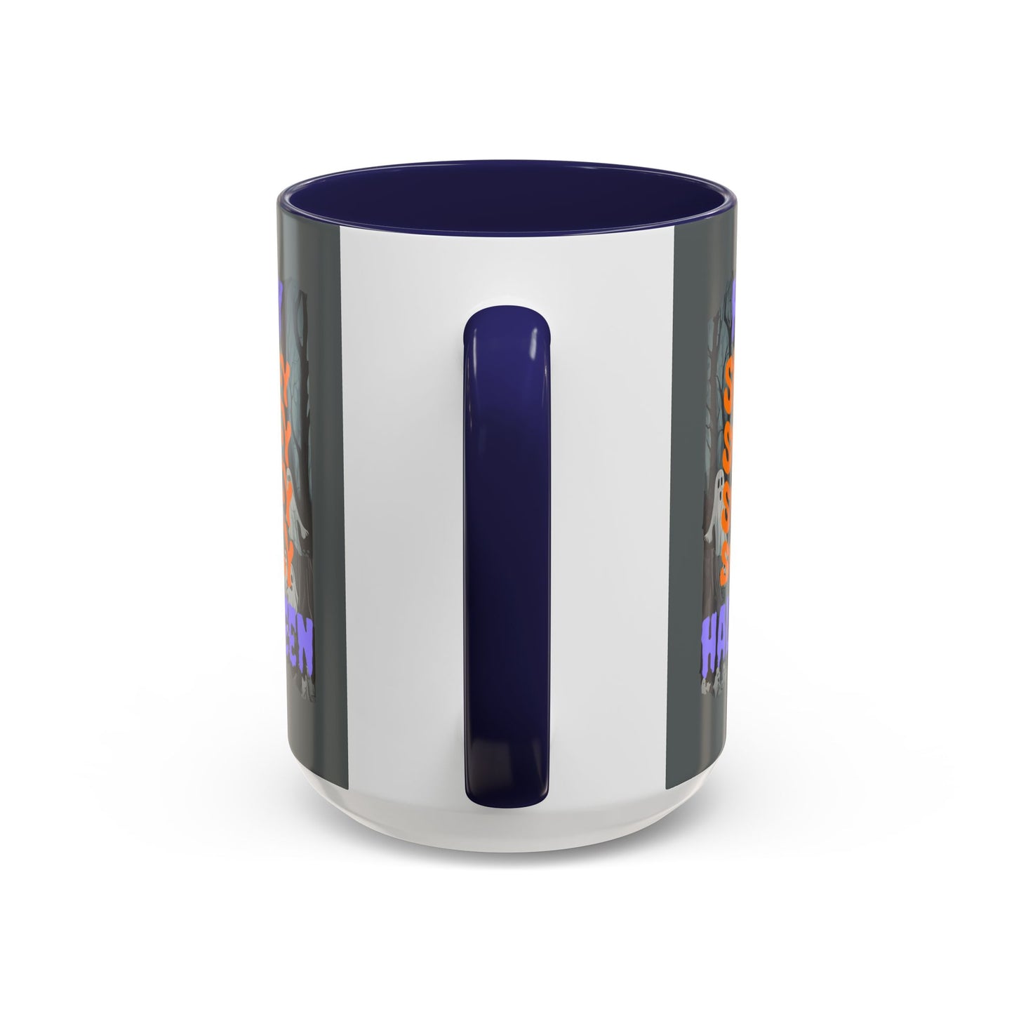 Spooky Happy Halloween Ghost Purple font Grey Accent Mug by CreepyCrafts.boo