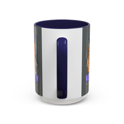 Spooky Happy Halloween Ghost Purple font Grey Accent Mug by CreepyCrafts.boo