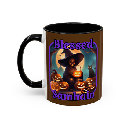 Blessed Samhain Cute Witch Purple font Brown Accent Mug by CreepyCrafts.boo