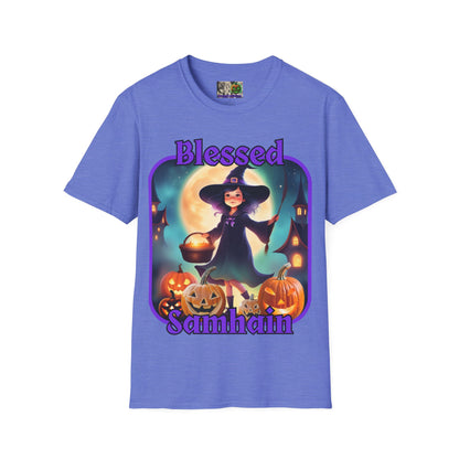 Blessed Samhain Little Witch Purple font Light colors Unisex T-Shirt by CreepyCrafts.boo