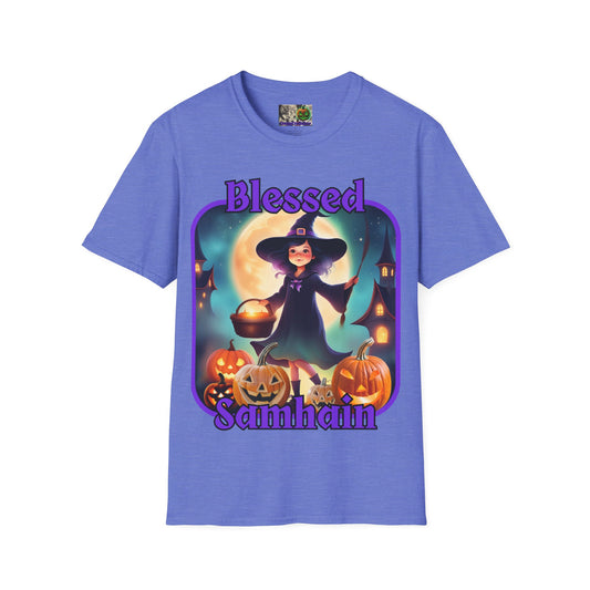 Blessed Samhain Little Witch Purple font Light colors Unisex T-Shirt by CreepyCrafts.boo
