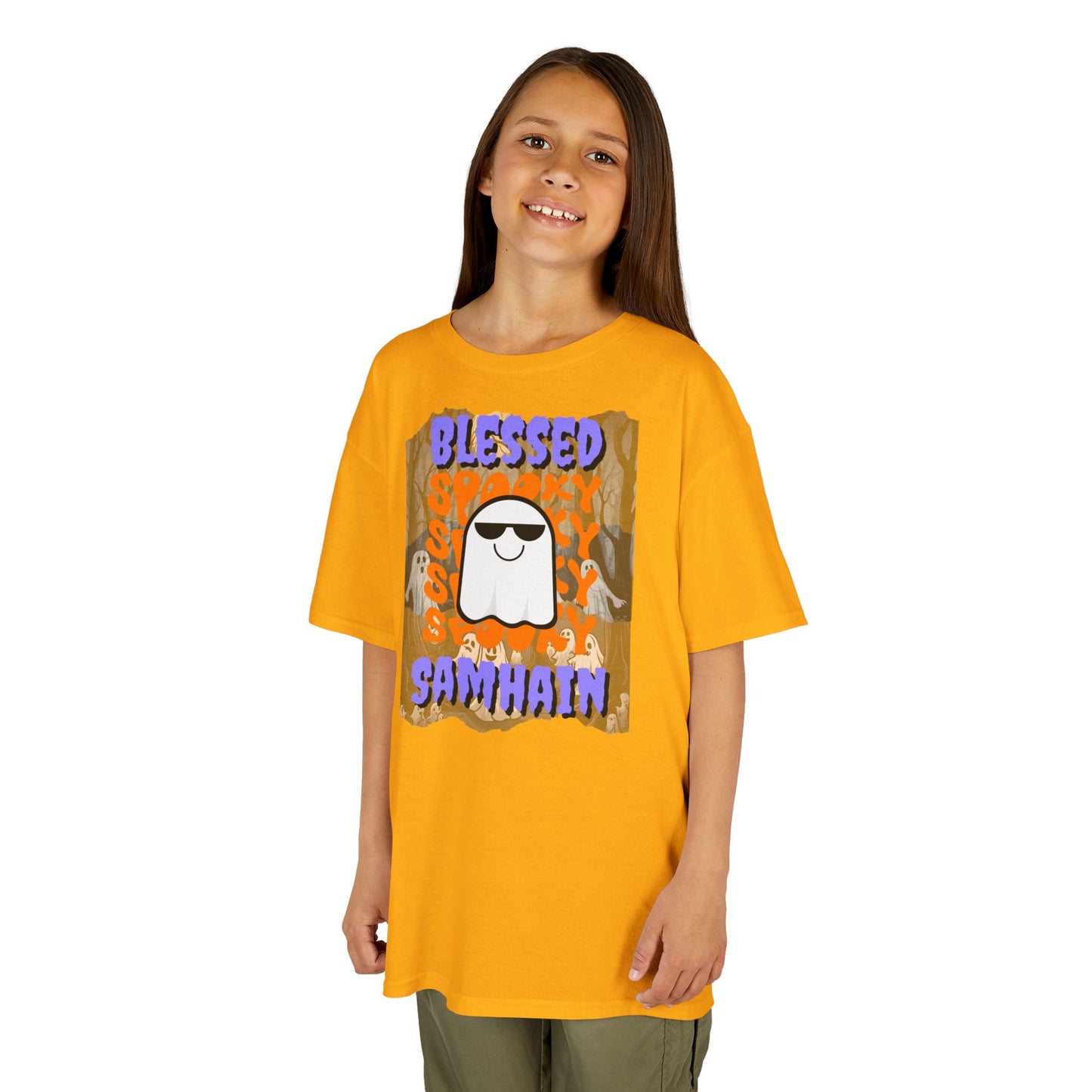 Spooky Blessed Samhain Ghost Purple font Kids Heavy Cotton™ Tee by CreepyCrafts.boo