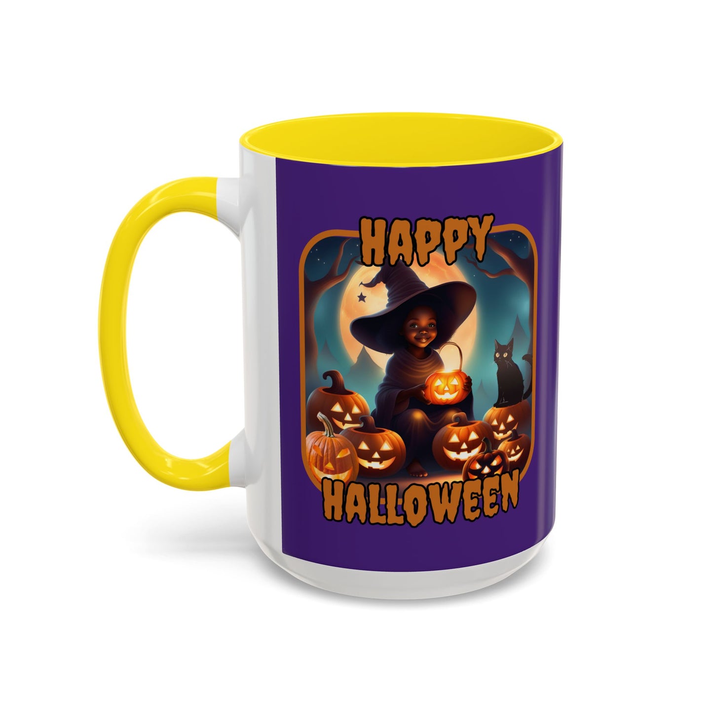 Happy Halloween Cute Witch Orange font Purple Accent Mug by CreepyCrafts.boo