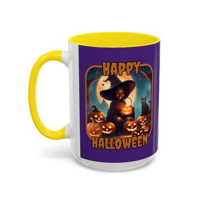 Happy Halloween Cute Witch Orange font Purple Accent Mug by CreepyCrafts.boo
