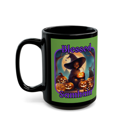 Blessed Samhain Cute Witch Purple font Green Mug by CreepyCrafts.boo